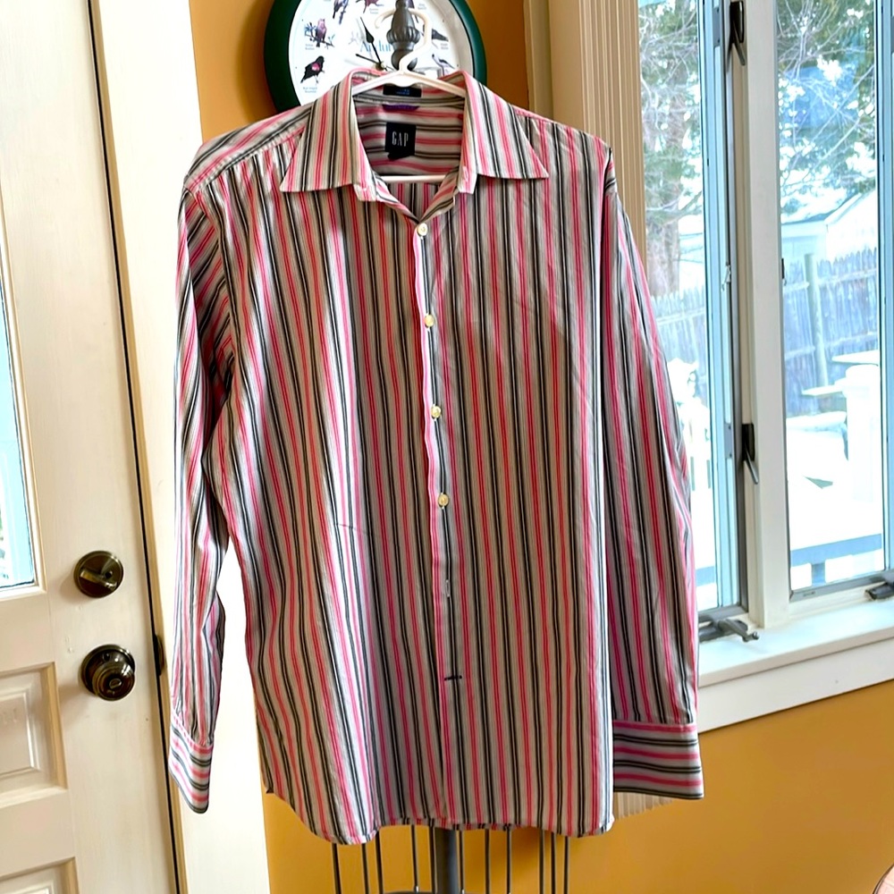 Mens Dress Shirt Sz Large 15-15 1/2” Collar Pink & Gray GAP